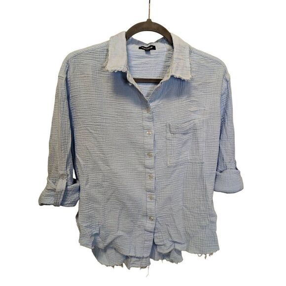 Mittoshop Blue 3/4 Sleeve 100%Cotton Button Down Blouse Size Medium - Picture 1 of 5